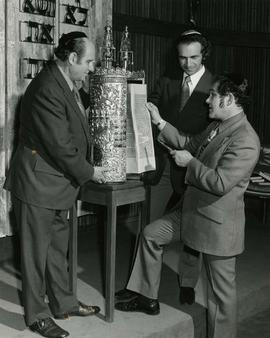 [Cantor Nixon, Harry Sherman and Rabbi with a Torah]