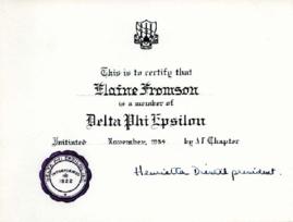 Delta Phi Epsilon membership certificate, November 1954