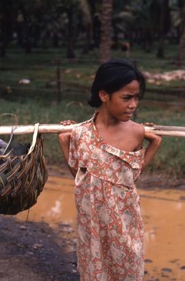 Girl carrying a balancing stick on her shoulders with thatched baskets at each end