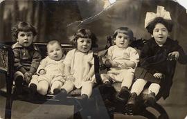 Photograph on postcard stock showing five children from the Nemetz, Karasov, and Mallin families