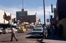 Downtown street with pedestrians