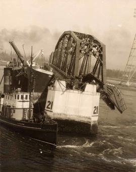 Wreckage of the vessel Pacific Gatherer after colliding with Second Narrows Bridge, Vancouver, Br...