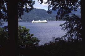 Body of water with a ferry and trees framing the image in the foreground