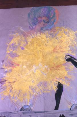 Drawing of a cancan dancer wearing a yellow skirt dancing on a stage