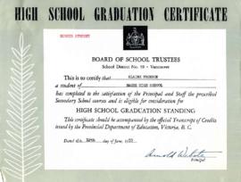 High School graduation certificate, June 12, 1953