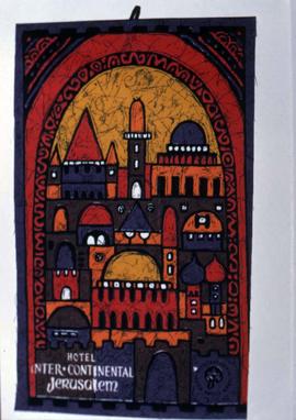 Wall hanging of an embroidery, with the words "Hotel Inter-Continental Jerusalem"