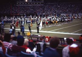 People lined up on a football field, many of whom are carrying flags, as well as a line of cheerl...