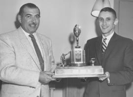 Two men with trophy, B'nai B'rith Curling Club