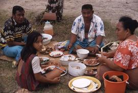 Four people eating outside with the food laid out on a blanket