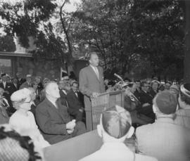 Unidenified man giving a speech at the opening of the Jewish Home for the Aged