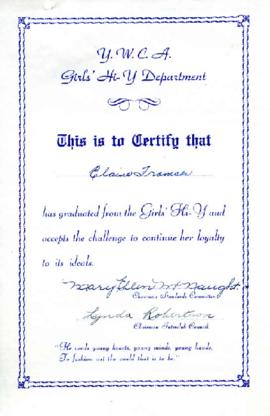 Girls Hi-Y graduation certificate, [1950-1954]