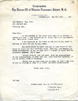 M. L. Platnauer to M. Badaker Inviting him to come for a trial period - August 7, 1931