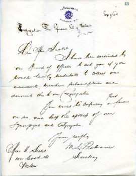 M. L. Platnauer to H. Secket requesting collection of subscriptions and amounts due - September 1...