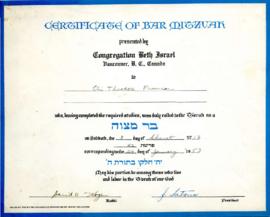 Bar Mitzvah certificate, January 24, 1953