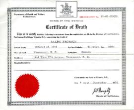 [Ralph Fromson certificate of death], 1952 -1955